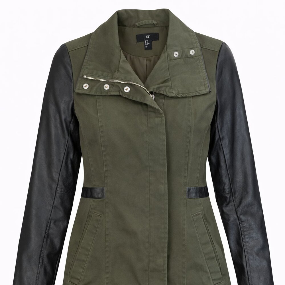 H&M Military Utility Jacket Olive Green Faux Leather Sleeves - Size 2